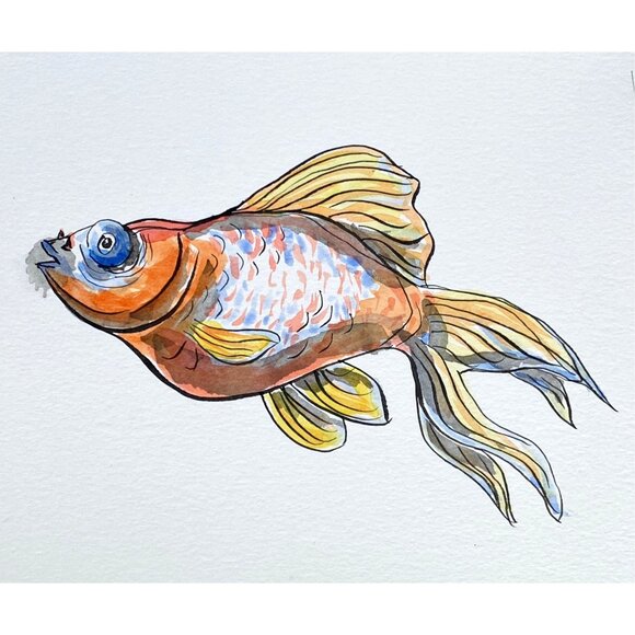 Chunky Goldfish 3 Original Watercolor Wall Art Painting 8x10in Matted FrameReady - Picture 1 of 8